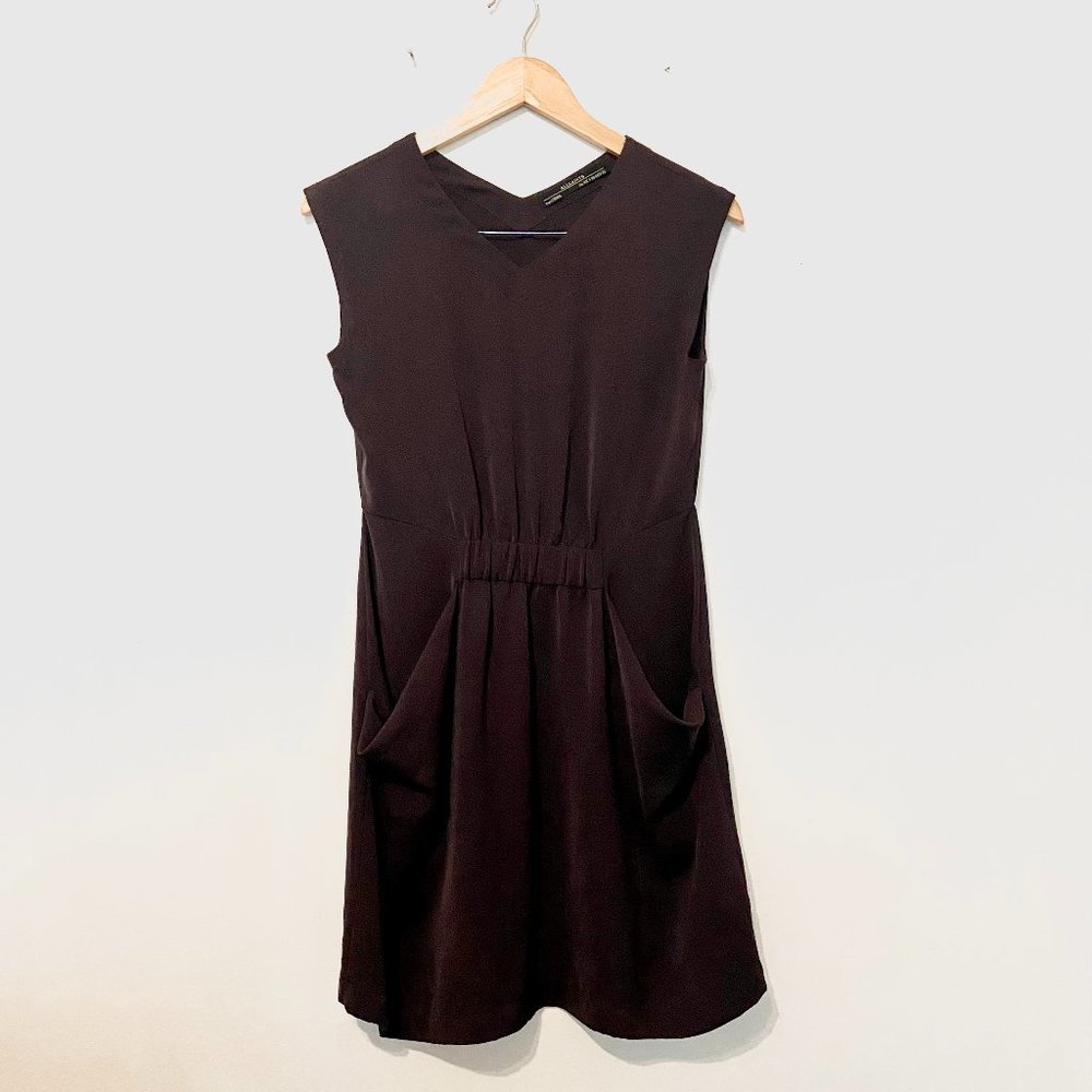 CHOCOLATE BROWN ALLSAINTS SATIN SLEEVELESS DRESS WITH POCKETS SIZE 0